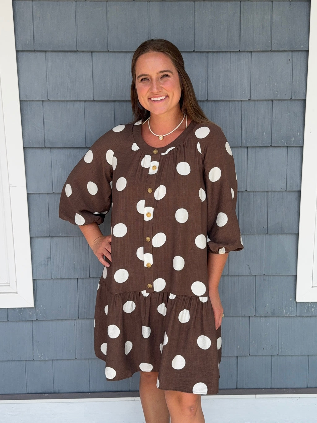 Brown Polka Dot Button Front Dress