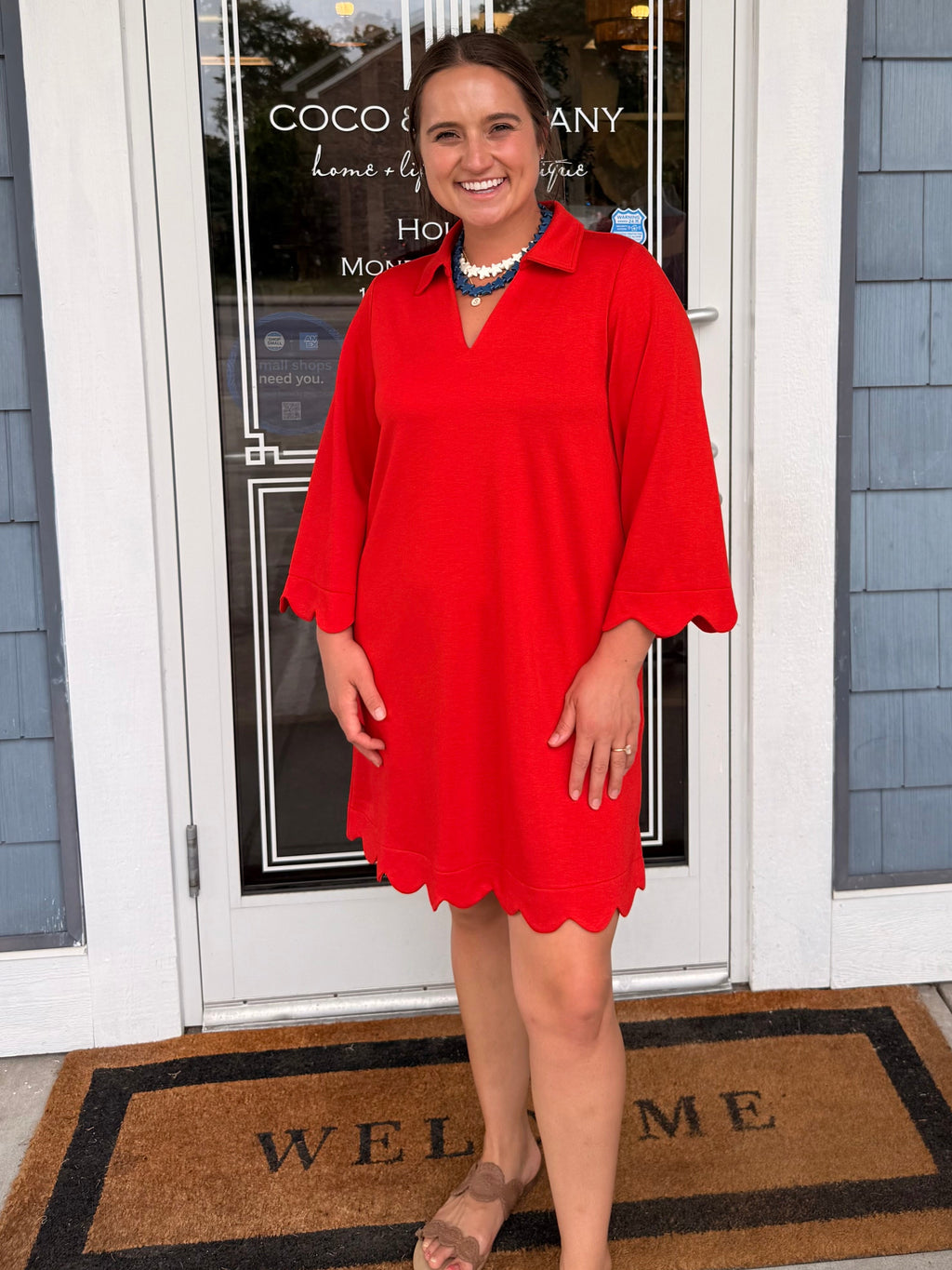 Red Scalloped Hem Solid Dress