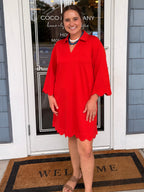 Red Scalloped Hem Solid Dress