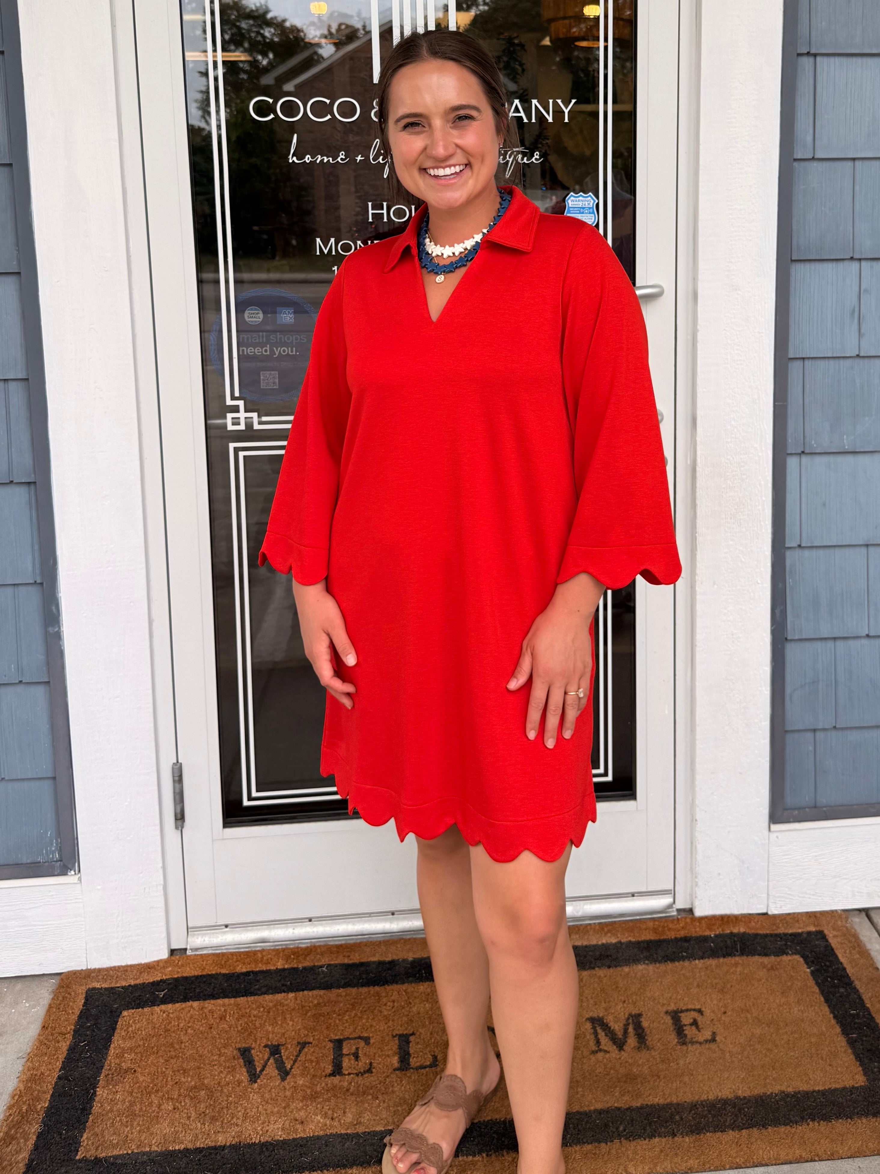 Red Scalloped Hem Solid Dress