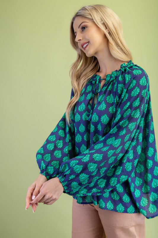 Navy Mix Blouse With Adjustable Tie String