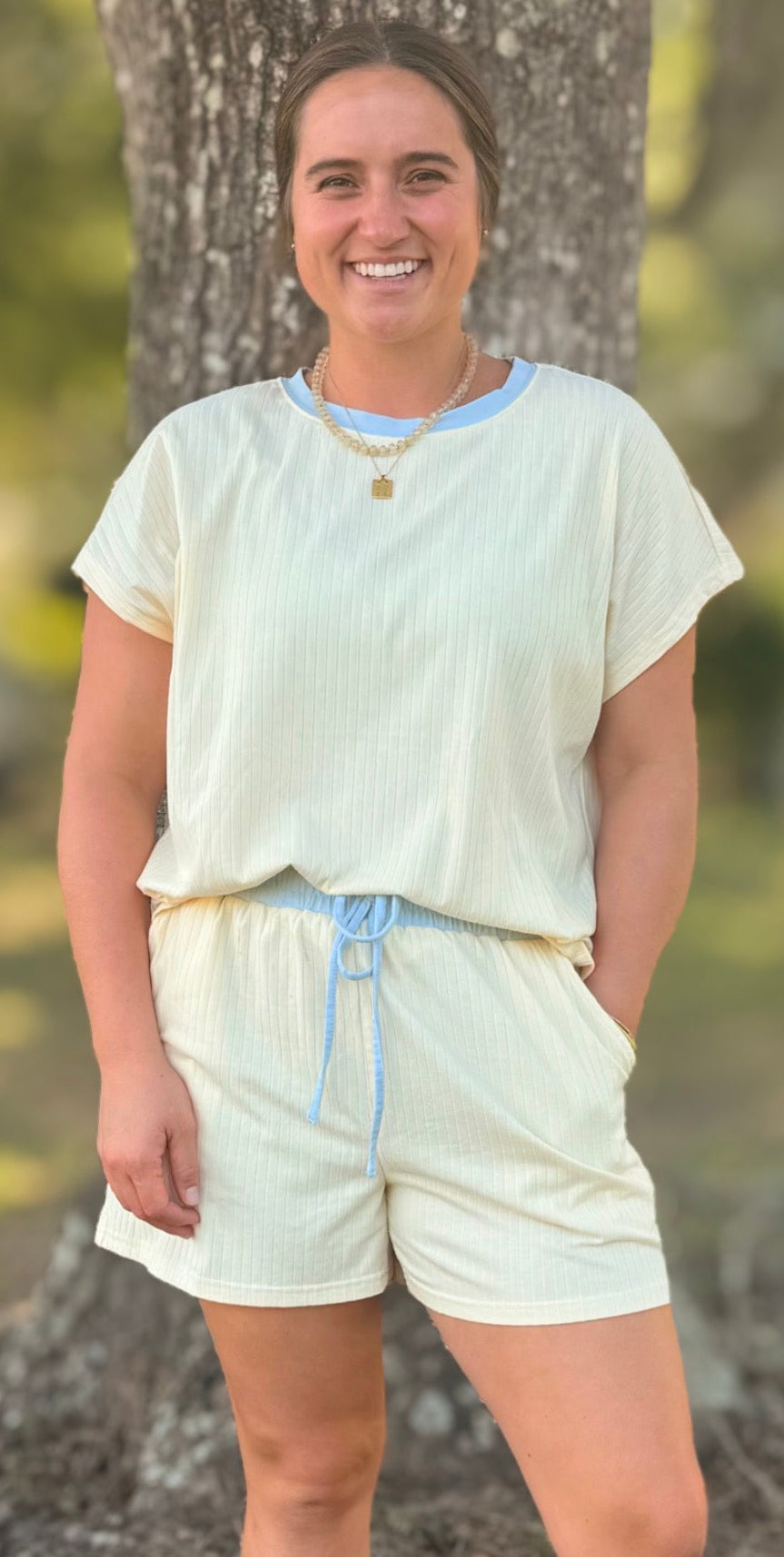 Soft Ribbed Yellow Set With Blue Trim