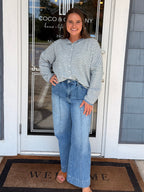 Dusty Blue Raw Edge Stripe Drop Shoulder Knit Cardigan