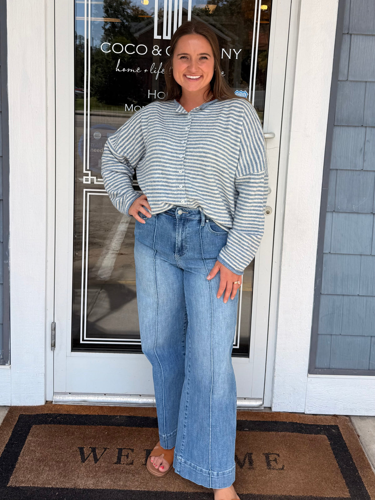Dusty Blue Raw Edge Stripe Drop Shoulder Knit Cardigan