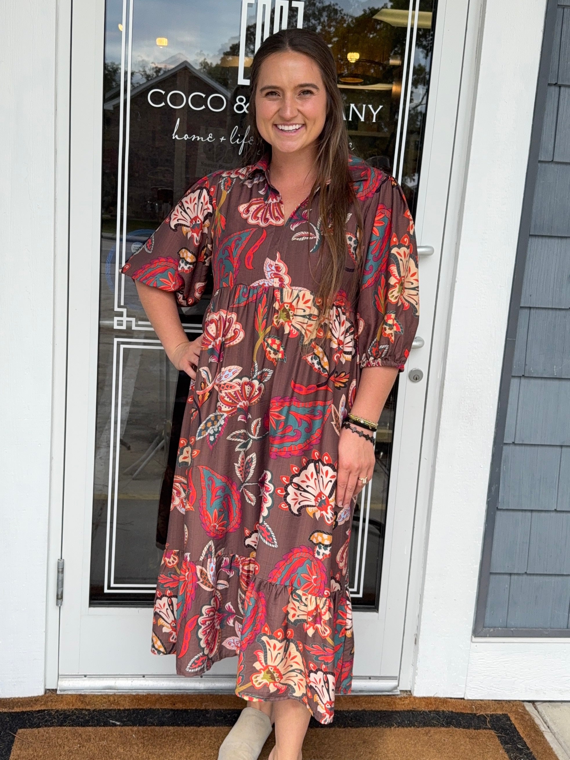 Brown Paisley Print Midi Dress
