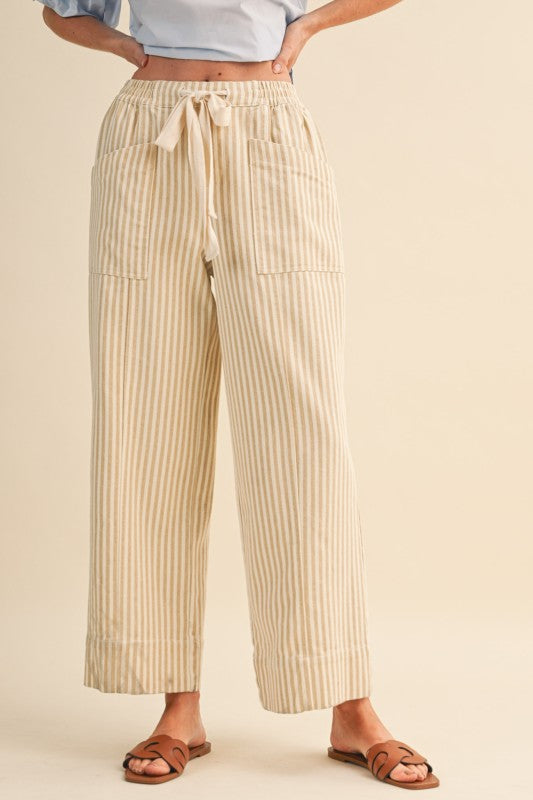 Taupe Natural Stripe Wide Leg Drawstring Pants: Ships or pickup 5/28/26