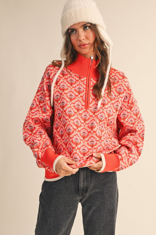 Red Orange Multi Floral Half Zip Mock Neck Pullover Sweater