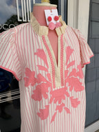 Light Pink Striped Floral Appliqué Shift Dress