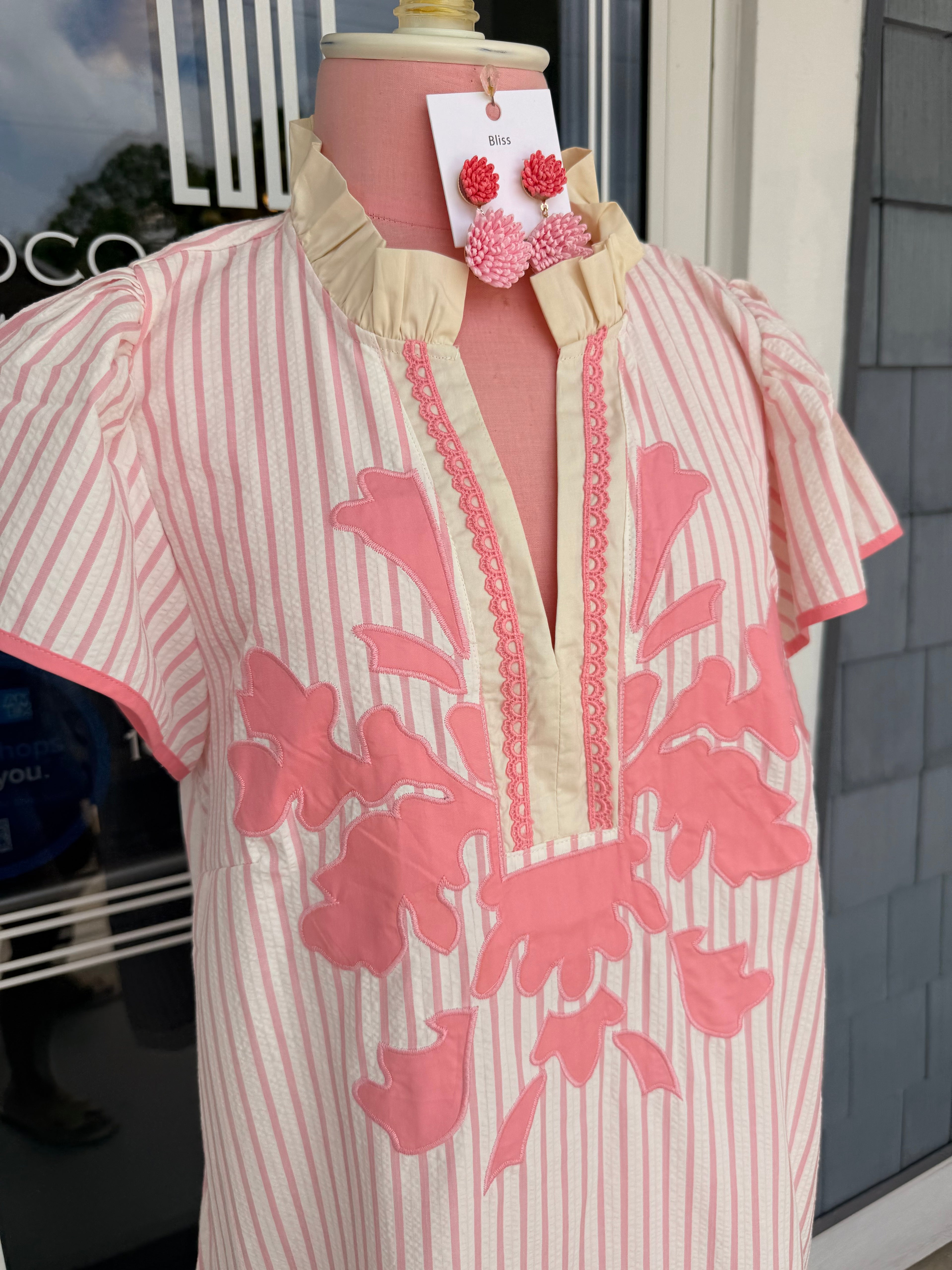Light Pink Striped Floral Appliqué Shift Dress