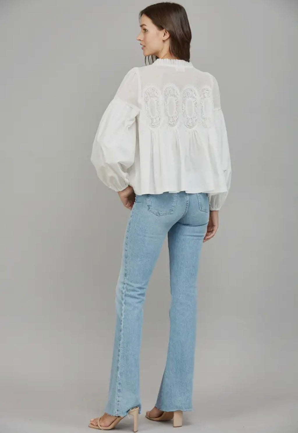Lace Appliqué Mixed Media LS Blouse White