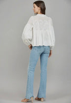 Lace Appliqué Mixed Media LS Blouse White