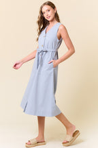 Blue Cotton Button Down Midi Dress