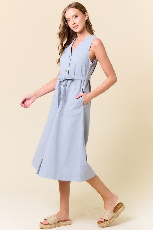 Blue Cotton Button Down Midi Dress