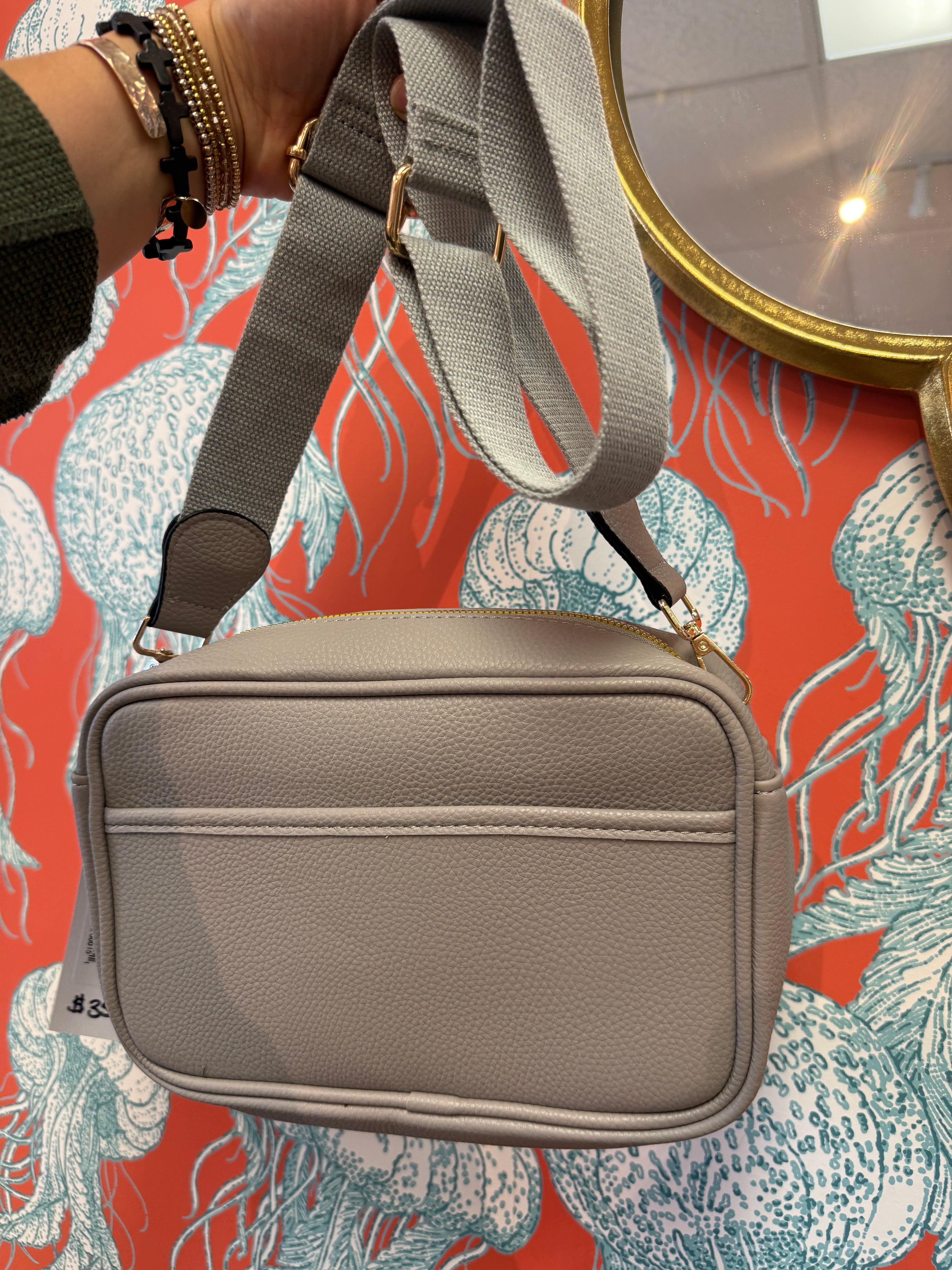 Light Grey Nova Vegan Leather Crossbody Bag W/ Canvas Strap