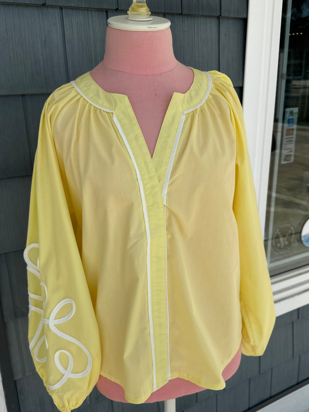 Butter Yellow Soutache Contrast Detail Puff Sleeve Top