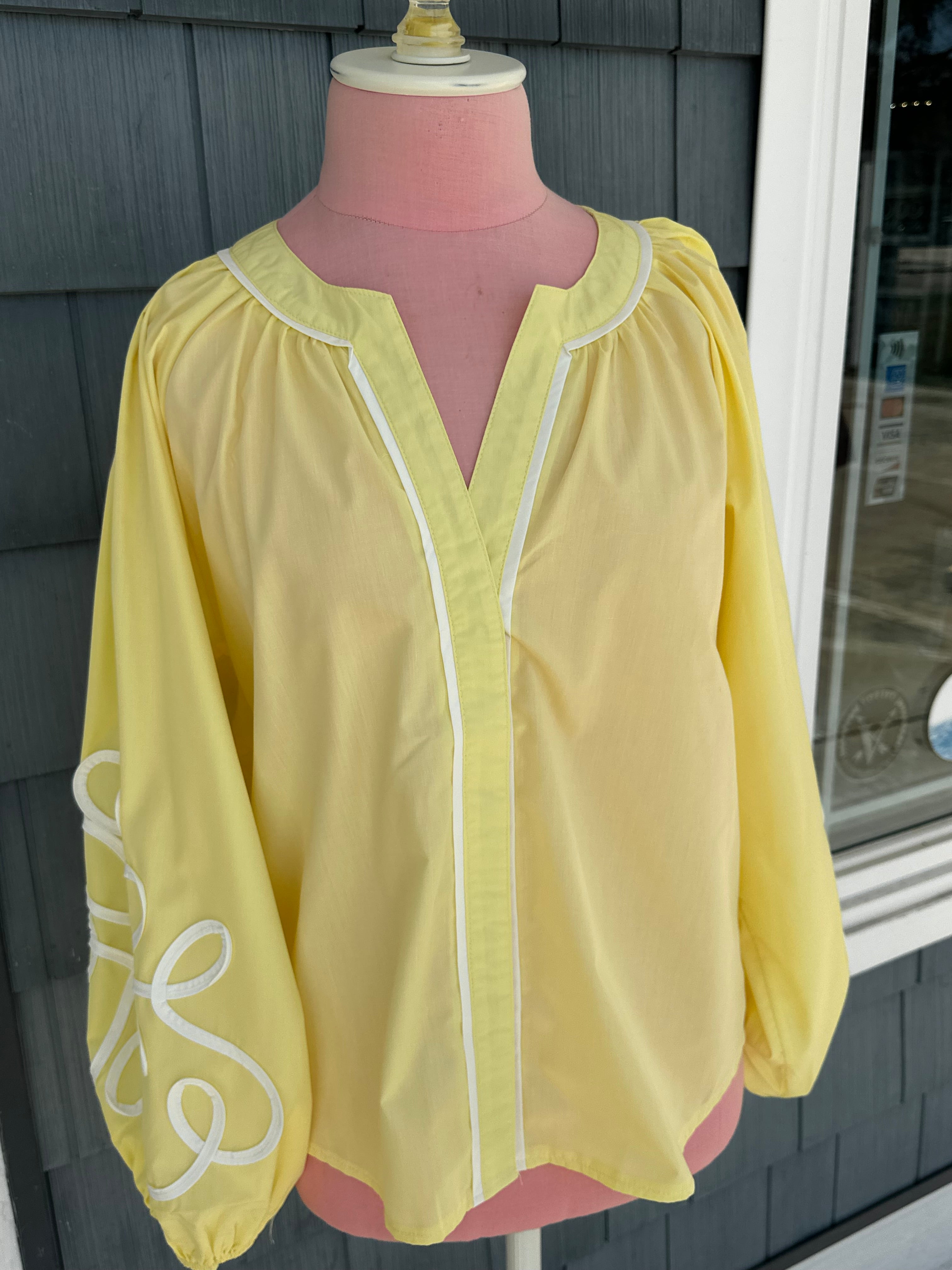 Butter Yellow Soutache Contrast Detail Puff Sleeve Top