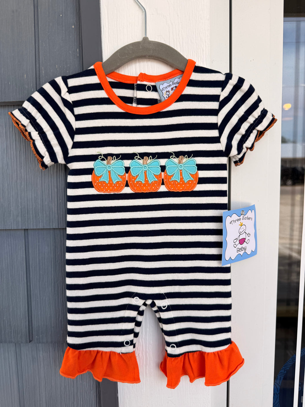 Navy/white Striped Romper W/Pumpkins, Three Sisters