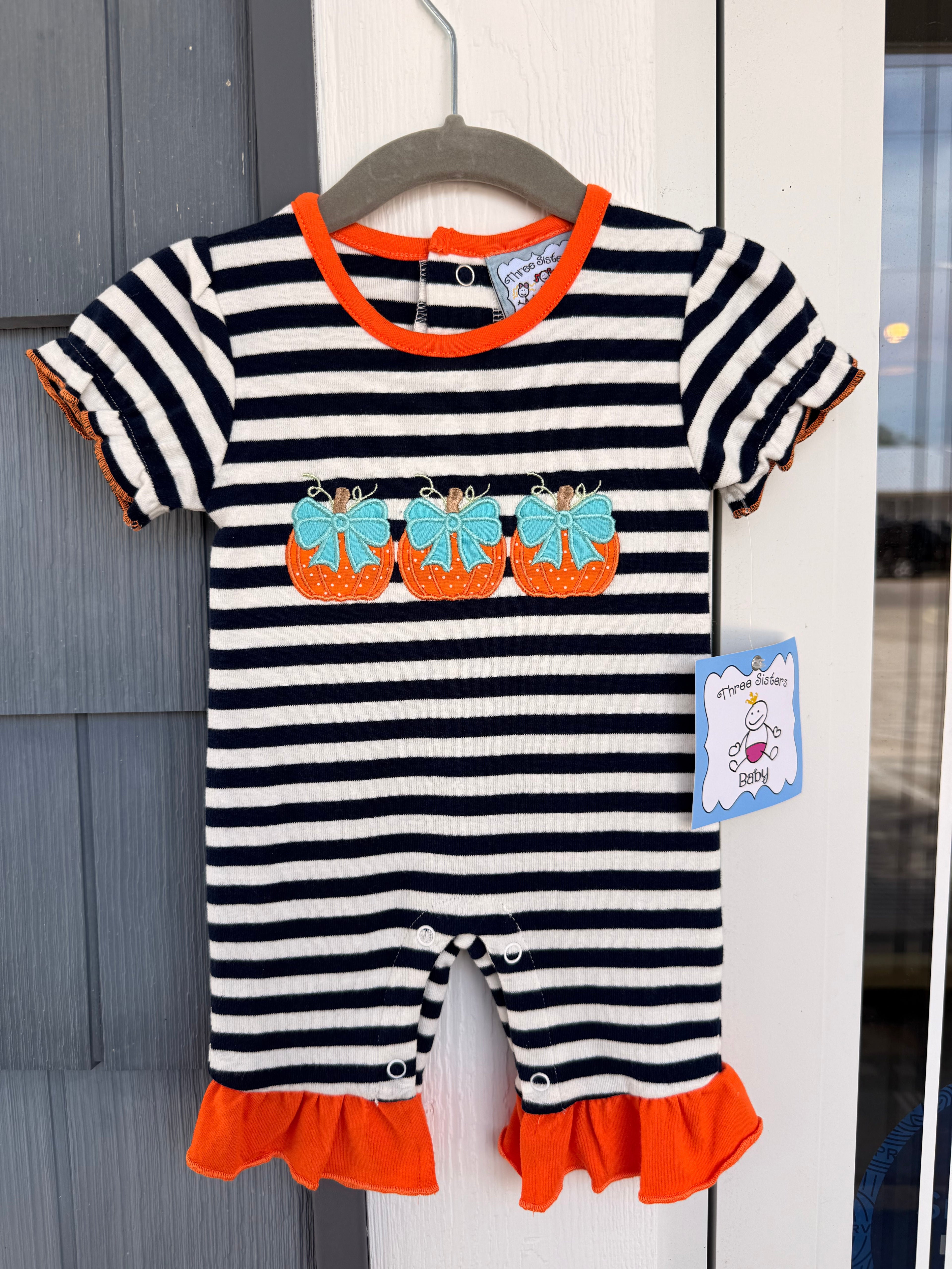 Navy/white Striped Romper W/Pumpkins, Three Sisters