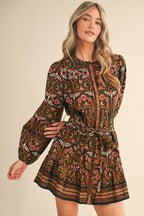 Black Multi Floral Button Down Belted Mini Dress