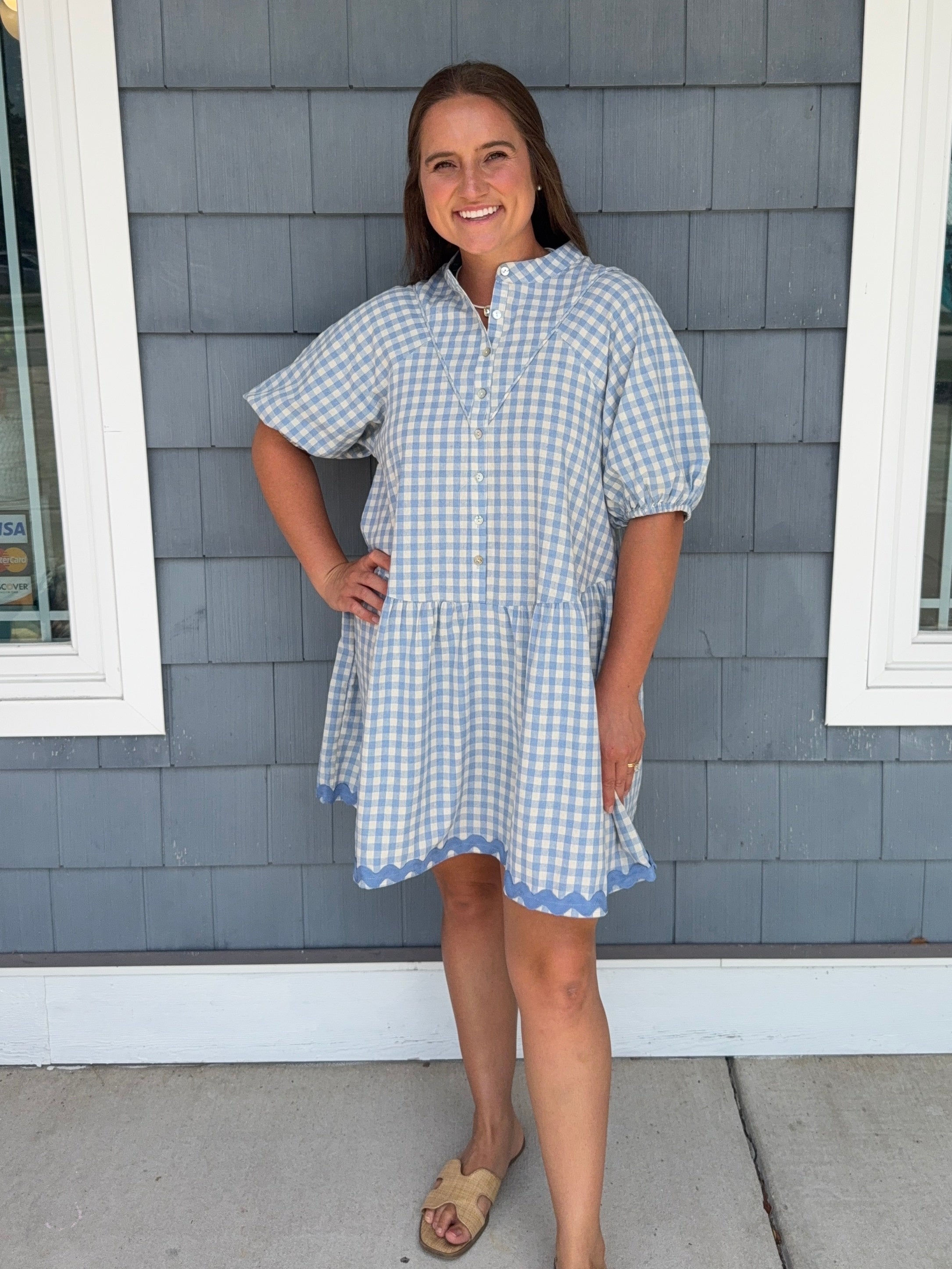 Sky Blue Gingham Button Down Ric Rac Dress
