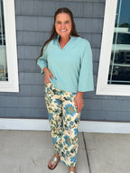 Blue Floral Ankle Cropped Pants
