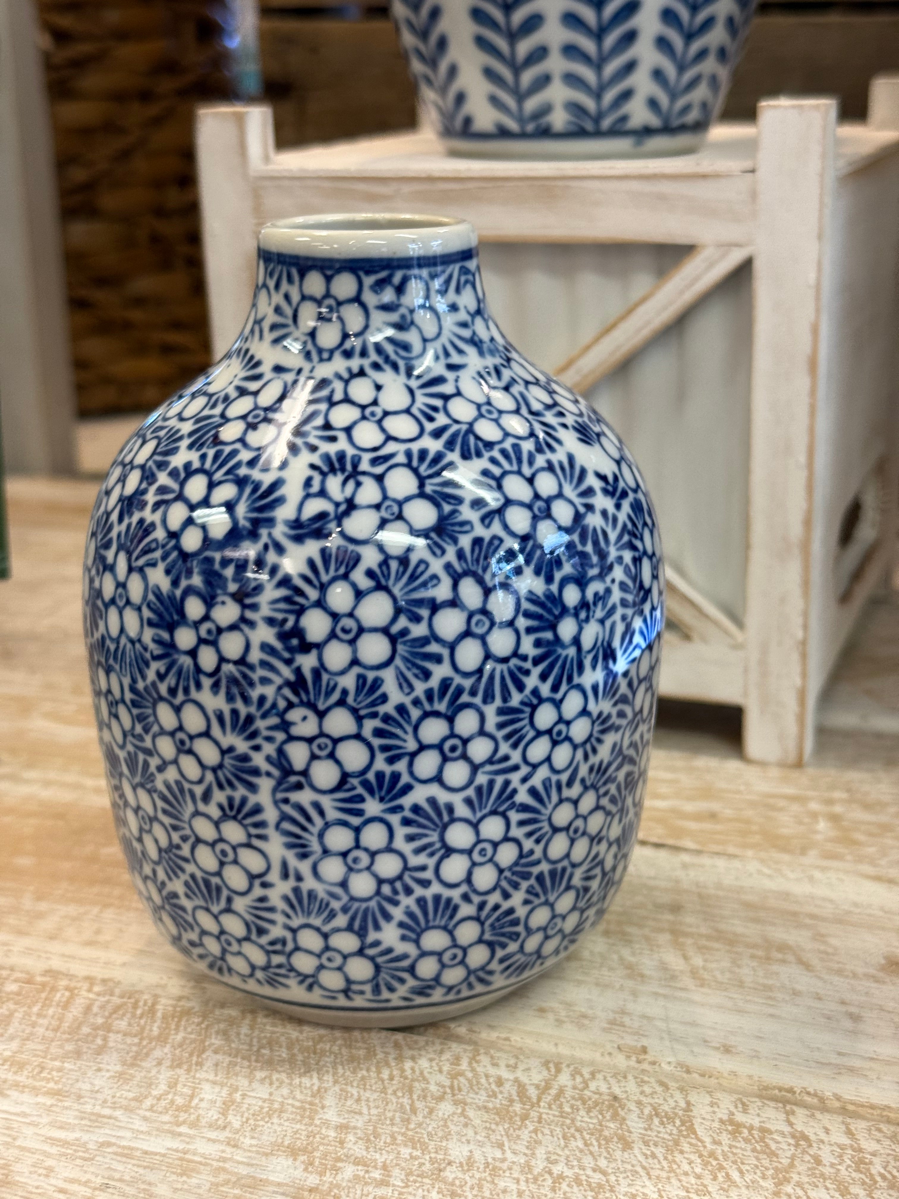 Medium Blue & White Hand Painted Mini Flower Vase