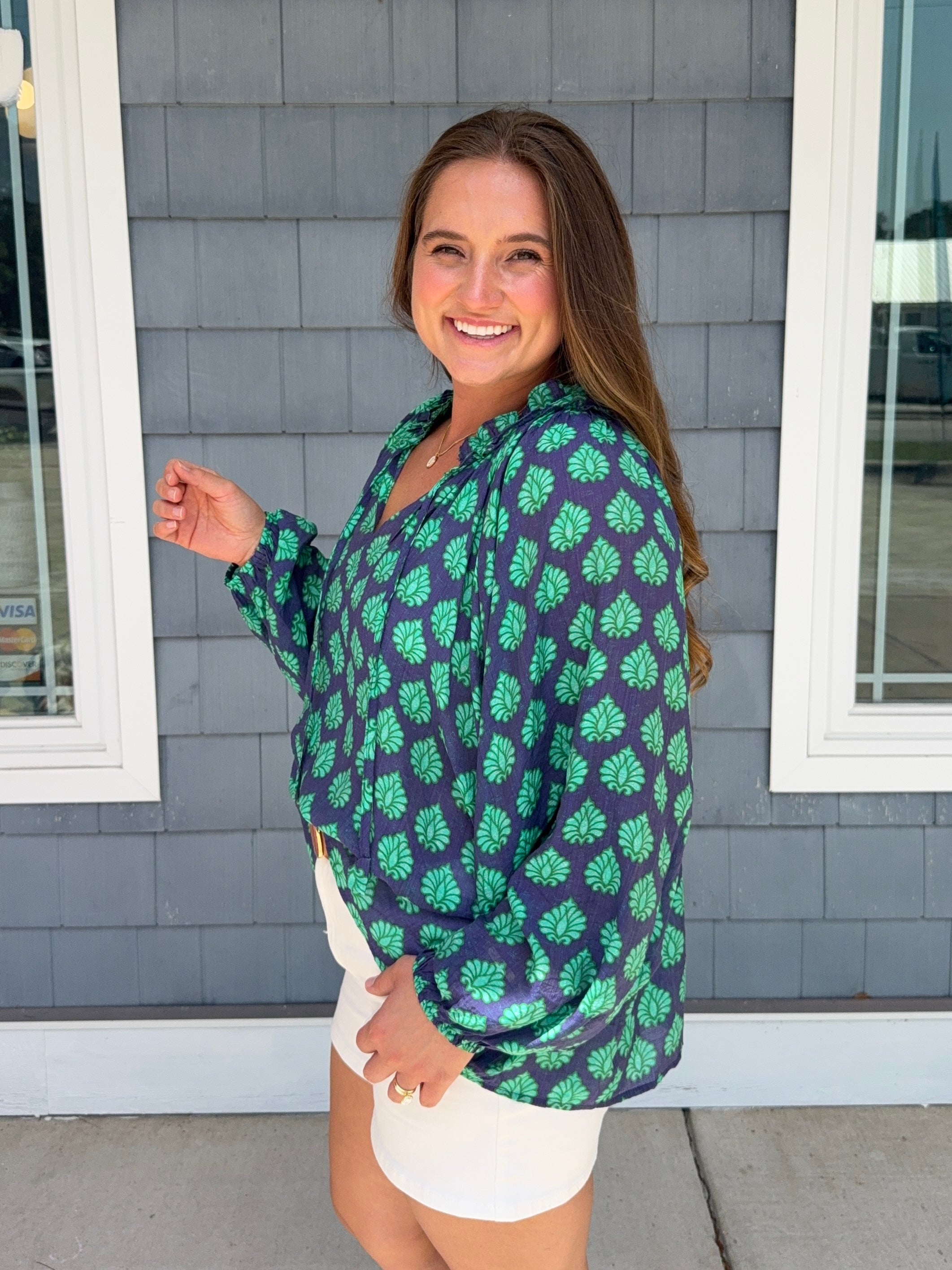 Navy Mix Blouse With Adjustable Tie String