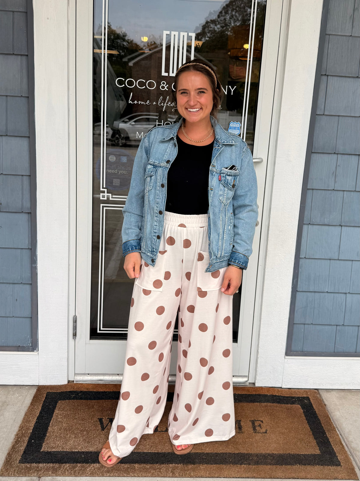 Brown & Cream Polka Dot Elastic Wide Leg Pants