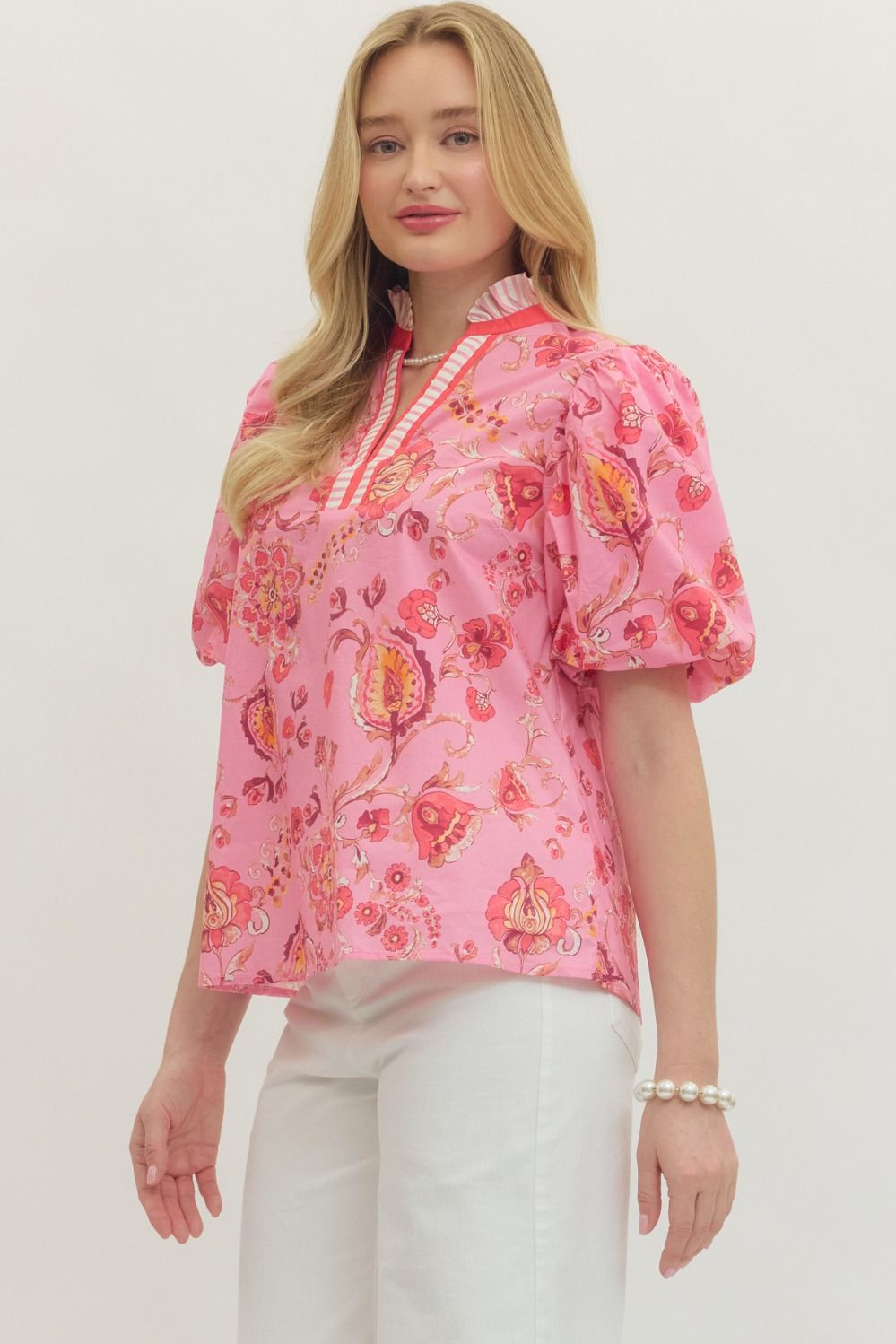 Pink Floral Balloon Sleeve Top