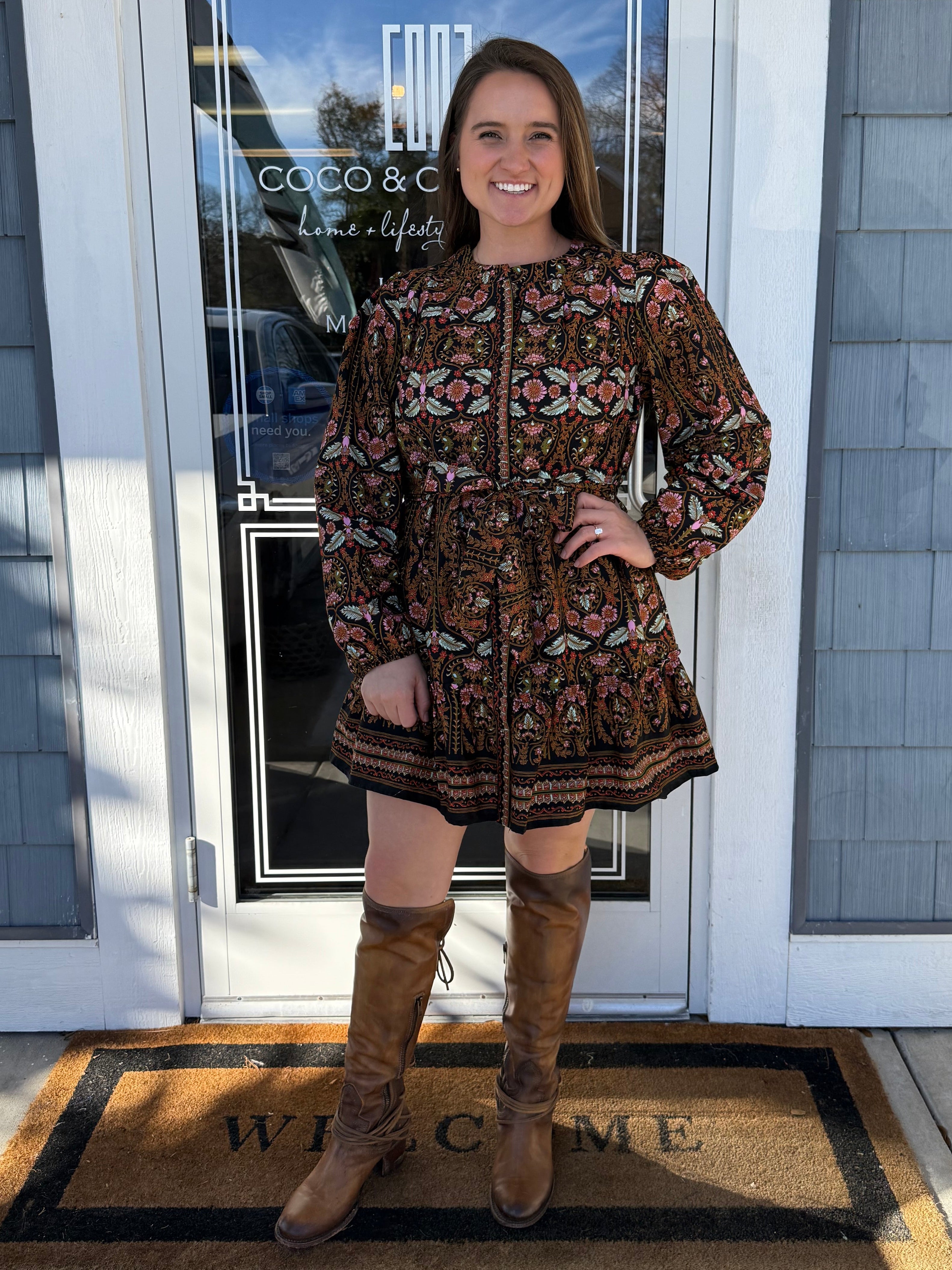 Black Multi Floral Button Down Belted Mini Dress