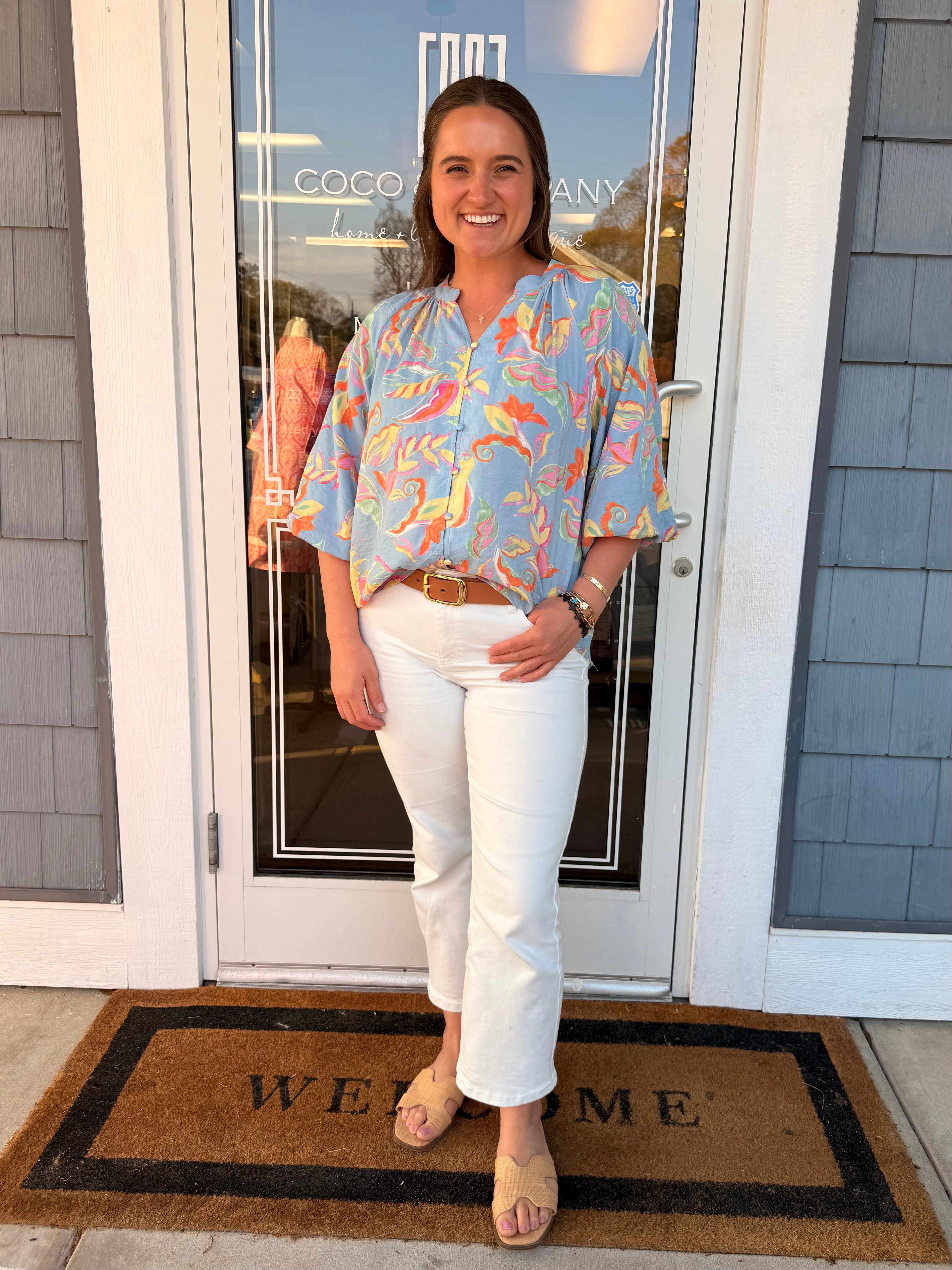 Powder Blue Floral Button Blouse