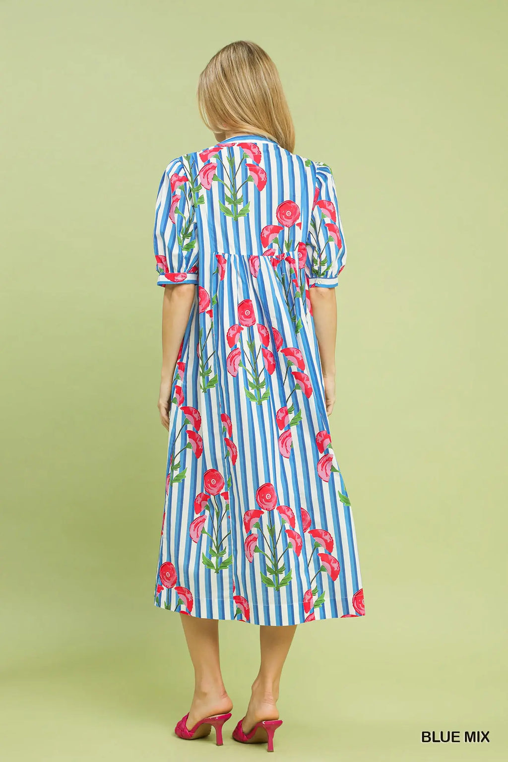 Blue Stripe Floral Midi Dress