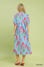 Blue Stripe Floral Midi Dress