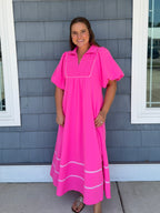 Hot Pink Smocking Chest Midi Dress