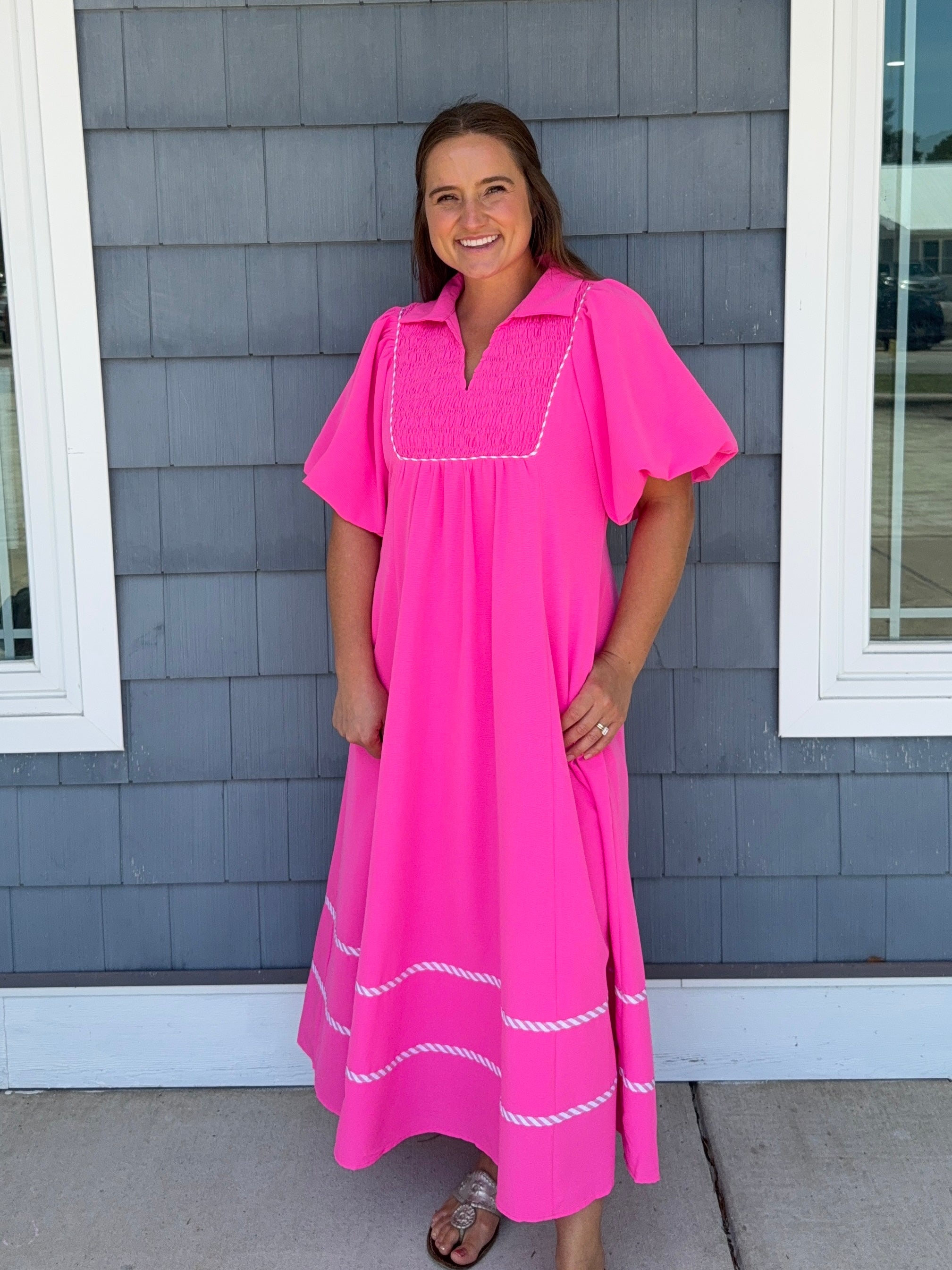 Hot Pink Smocking Chest Midi Dress