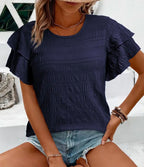 Navy Textured Ruffle Blouse