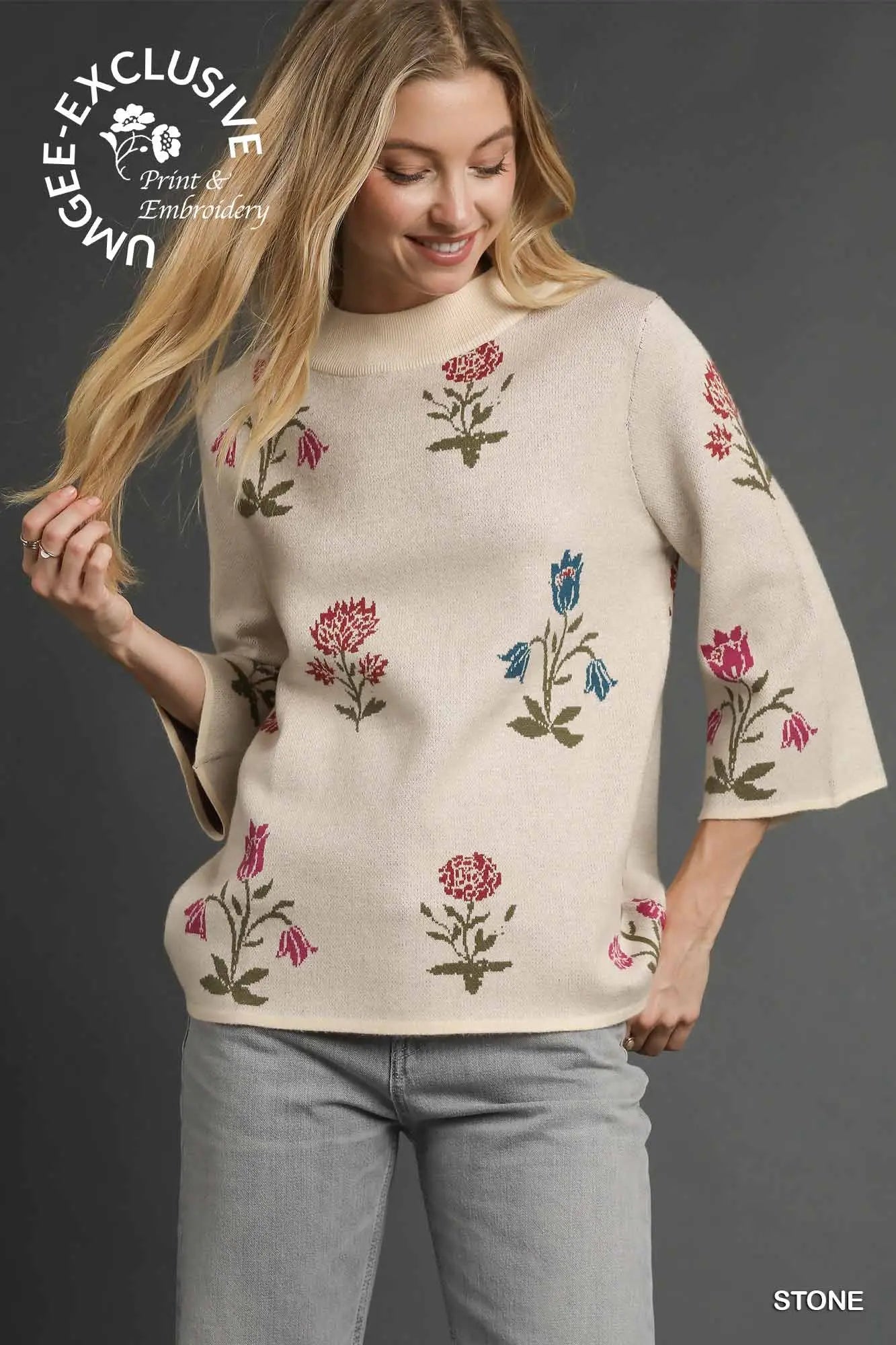 Cream Floral Knit Sweater With Wide Sleeves SHIPS OR PICKUP FROM COCO 10/10/25