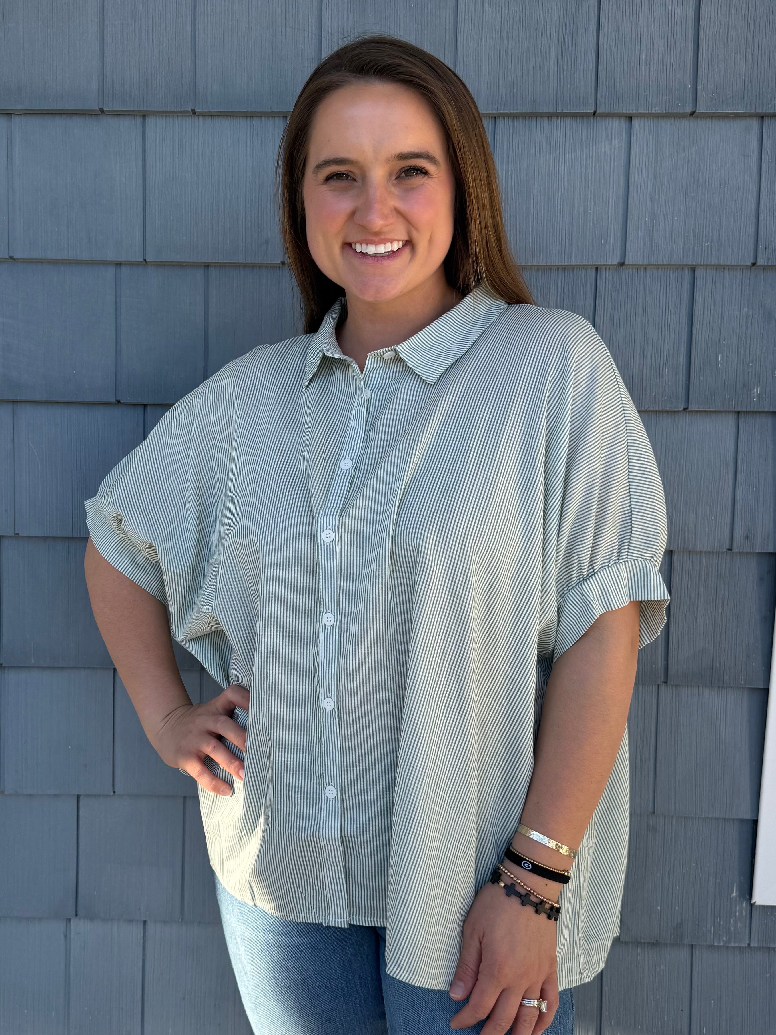 Mint Striped Collared Oversized Button Down