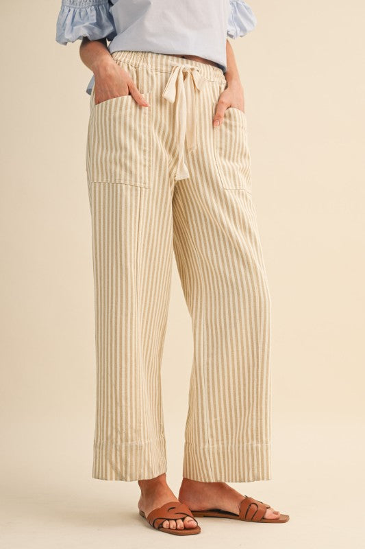 Taupe Natural Stripe Wide Leg Drawstring Pants: Ships or pickup 5/28/26