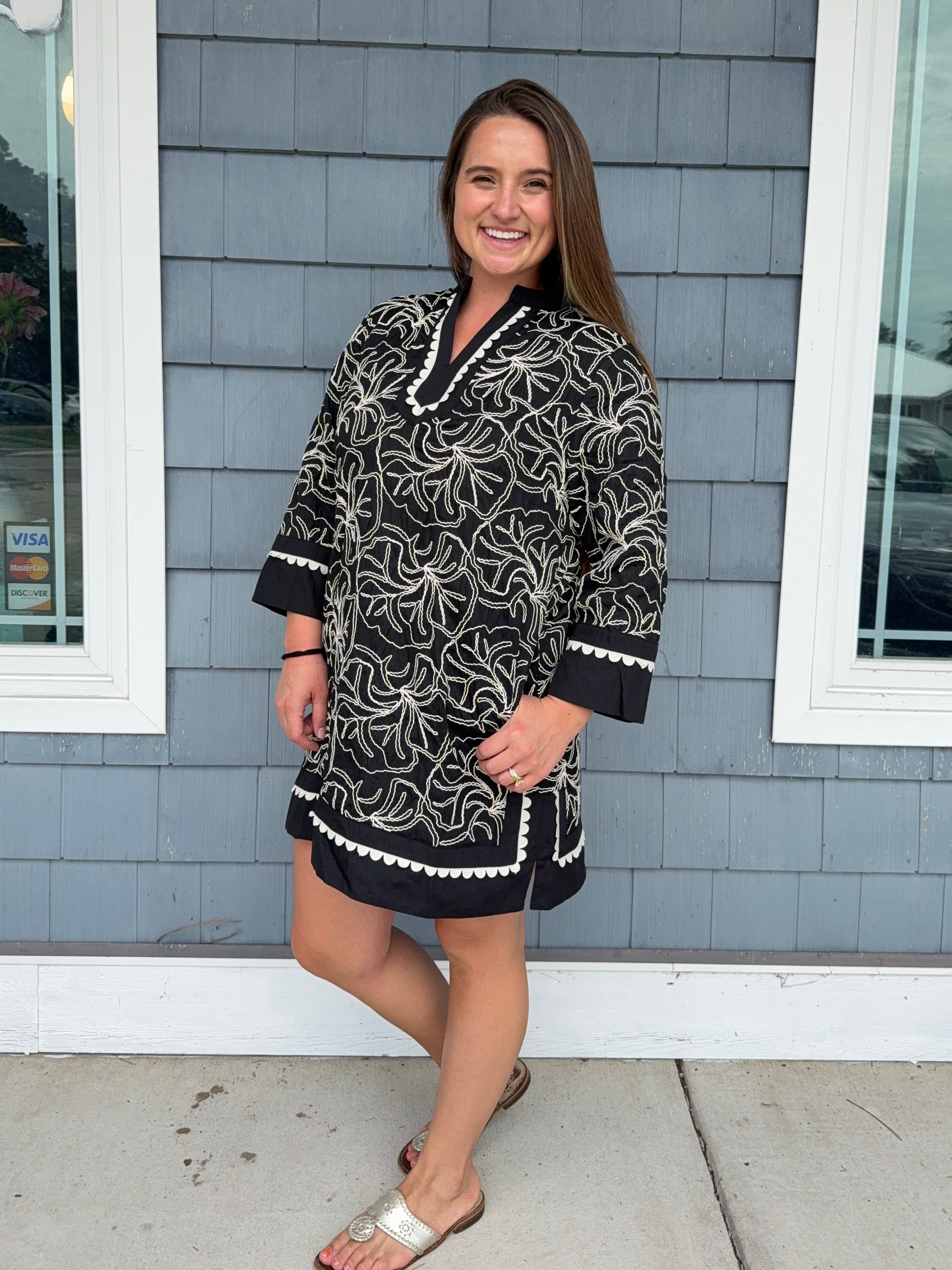 Black Embroidered Notch Neck Dress