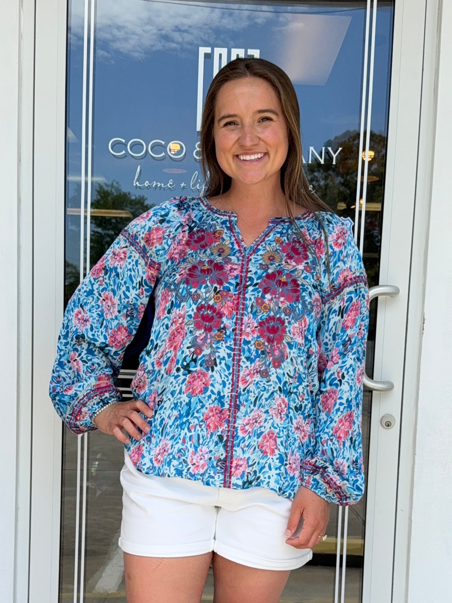 Azure Blue LS Floral Top