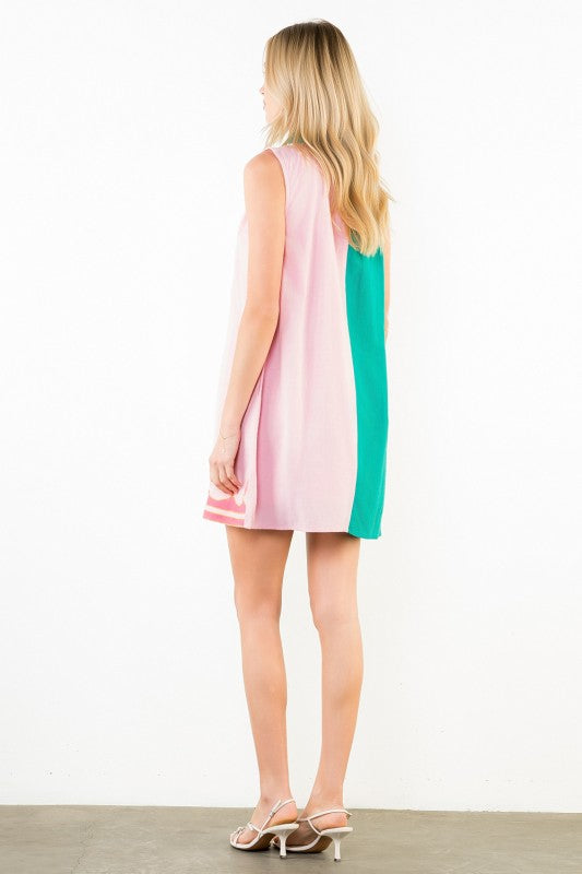 Preorder: Ruffle neck Tassel Color Block Dress THML