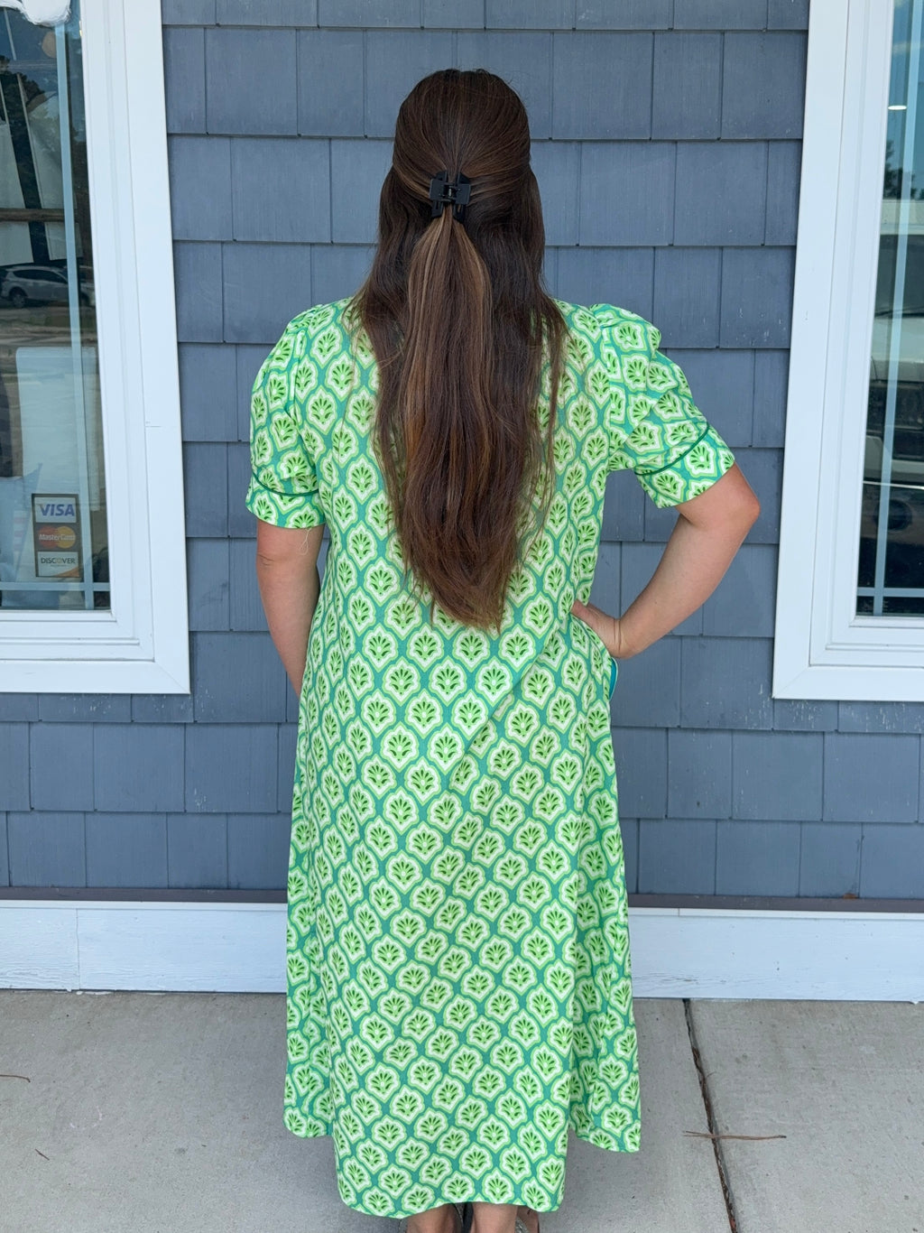 Green Printed Button Down Midi Dress