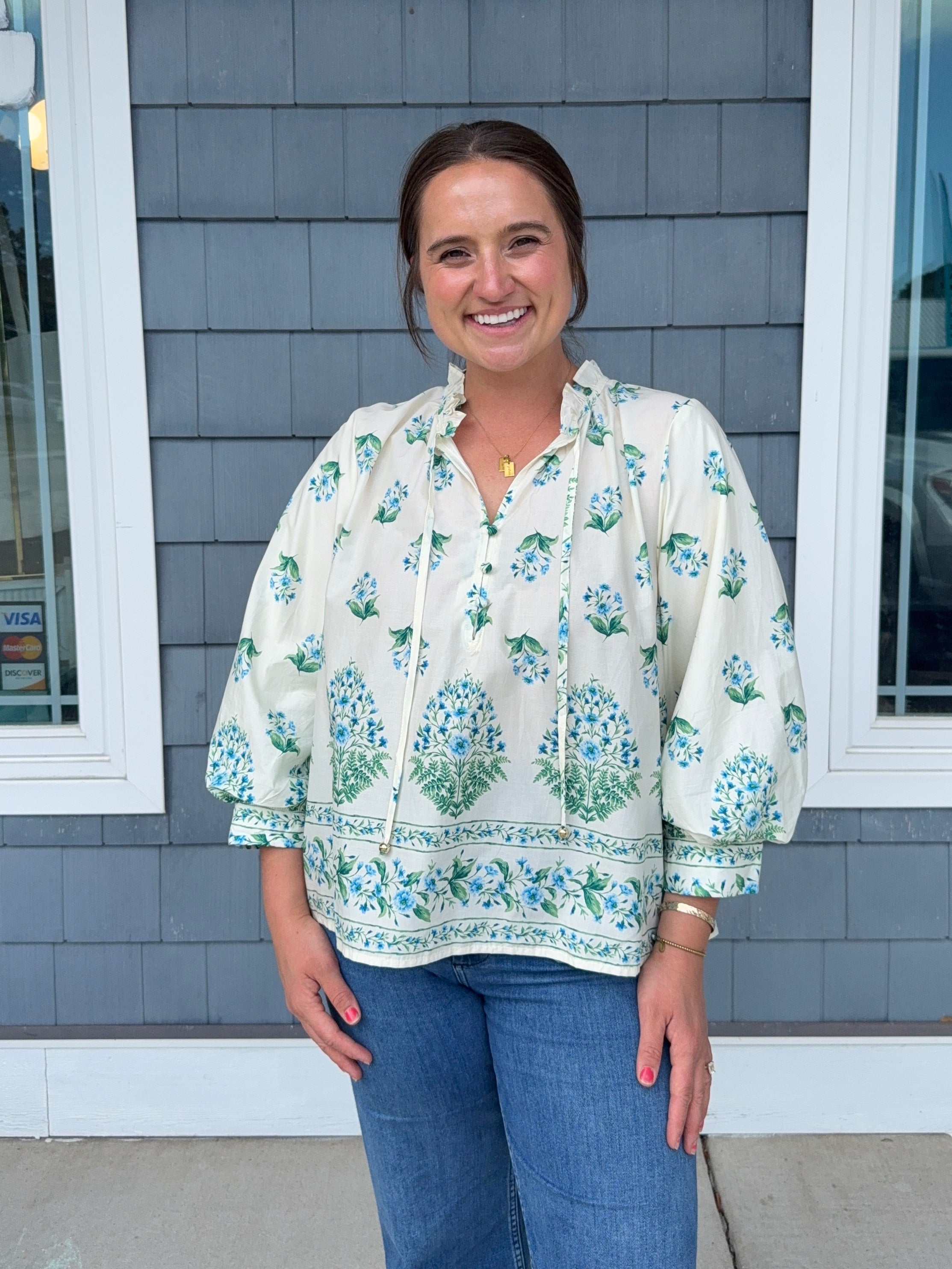 Botanical Blue Balloon Sleeve Top