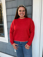 Red Knit Scalloped Edge Sweater