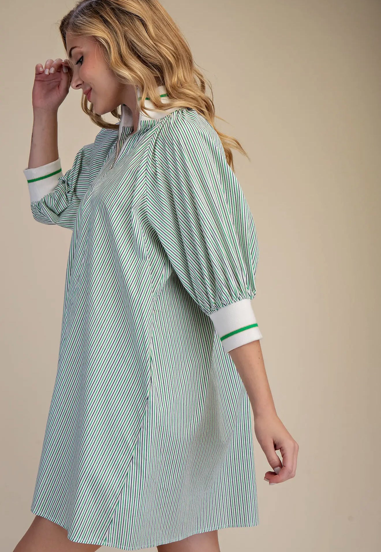 Green & White Mock Neck Banded Puff Sleeve Mini Dress