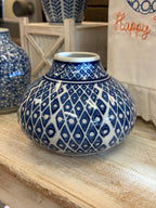 Medium Blue & White Round Diamond Hand Painted Vase