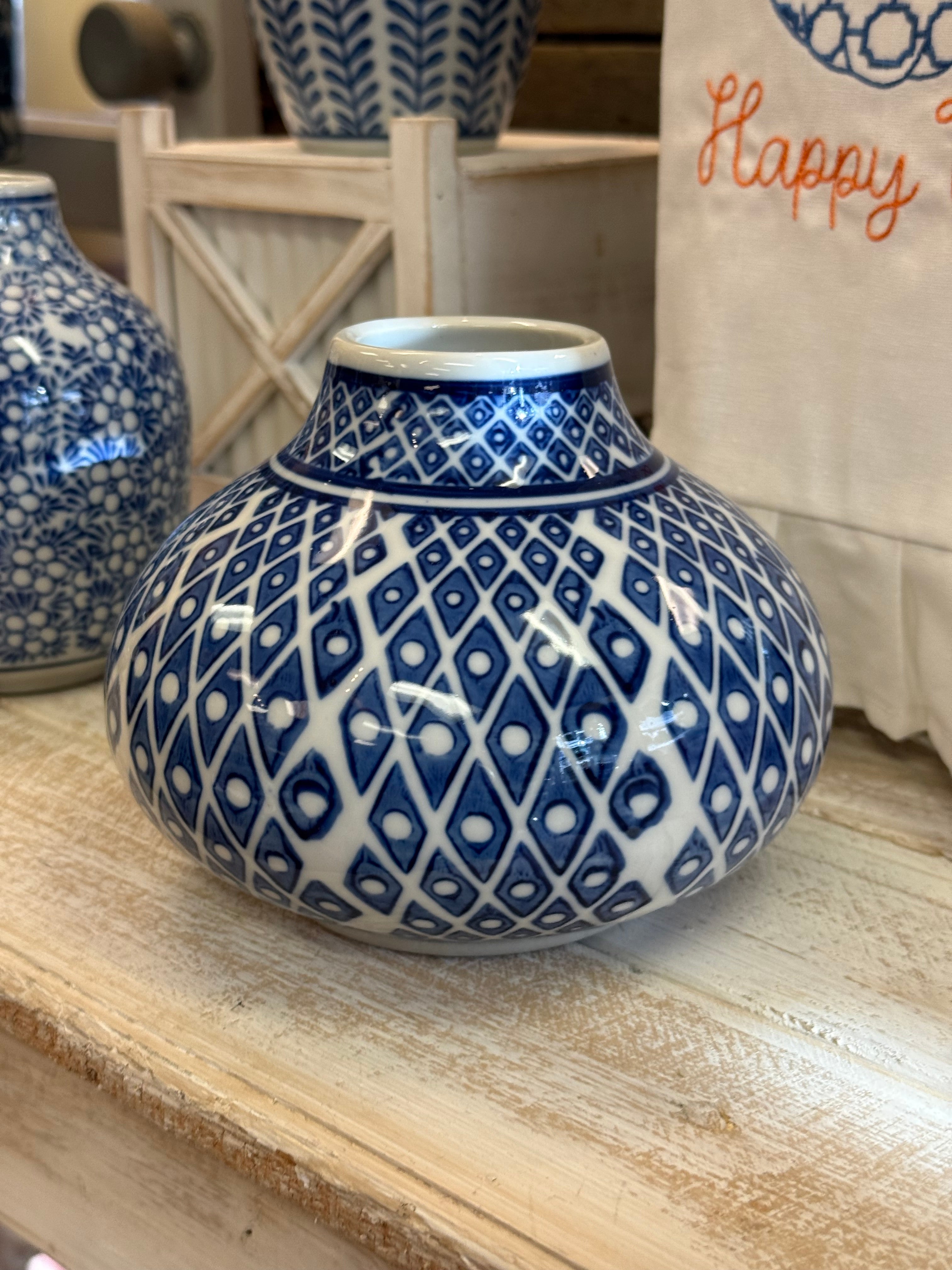 Medium Blue & White Round Diamond Hand Painted Vase