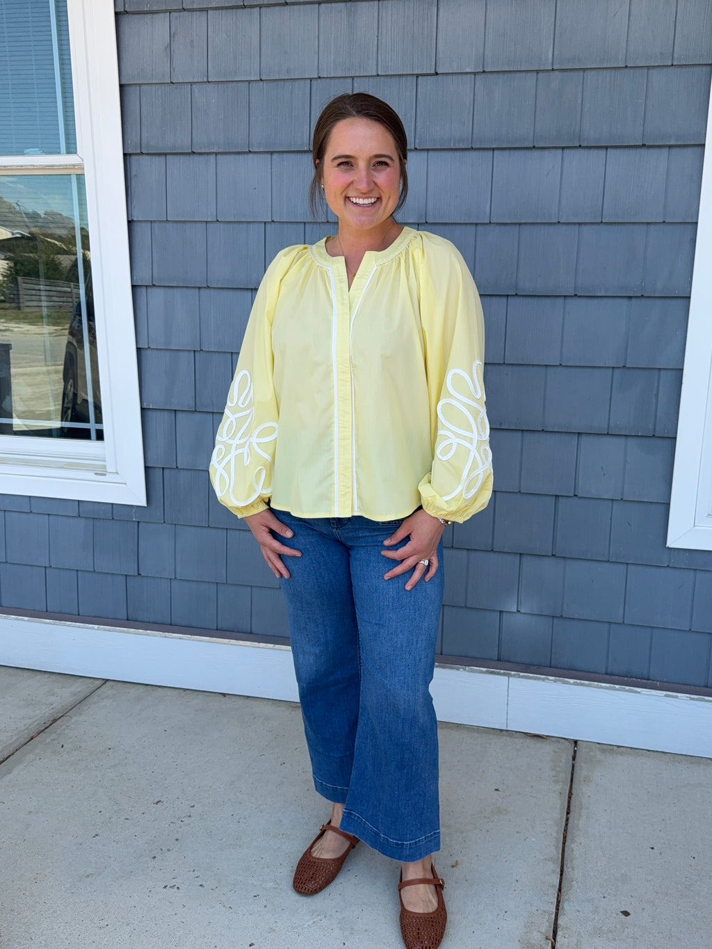Butter Yellow Soutache Contrast Detail Puff Sleeve Top