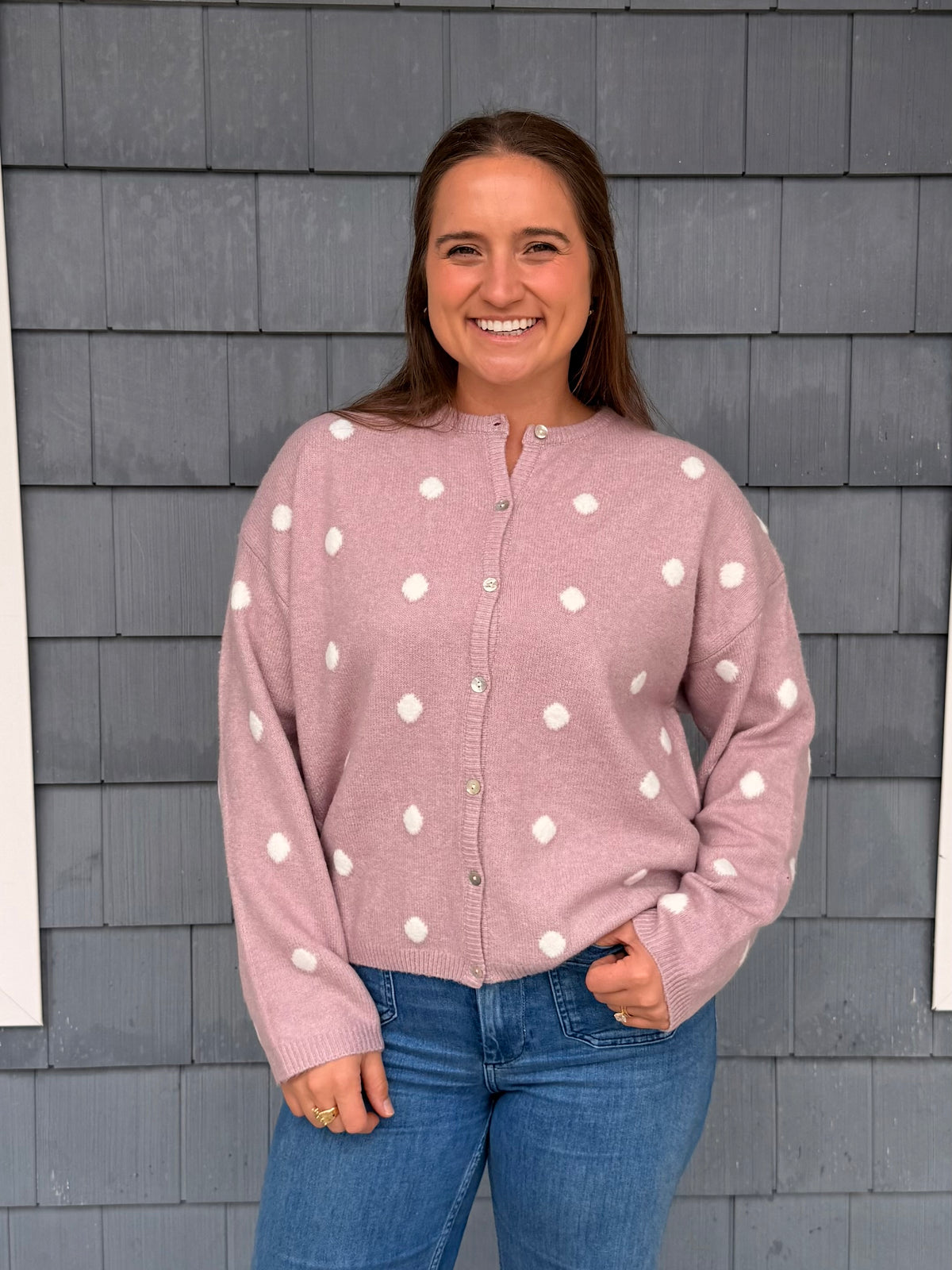 Pink Polka Dot Button Up Sweater